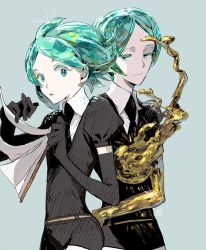 Rule 34 | 2others, androgynous, bad id, bad twitter id, clipboard, colored eyelashes, crystal hair, dual persona, elbow gloves, gem uniform (houseki no kuni), gloves, gold, golden arms, green eyes, green hair, grin, highres, houseki no kuni, looking at viewer, multiple others, necktie, phosphophyllite, short hair, smile, sparkle, spoilers