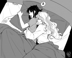 Rule 34 | 2017, 2girls, artist name, bed, black hair, dated, diana cavendish, greyscale, hug, hug from behind, kagari atsuko, little witch academia, long hair, monochrome, multiple girls, hugging object, pillow, pillow hug, sleeping, ticcy, under covers, yuri, zzz