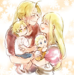 Rule 34 | 2boys, 2girls, baby, blonde hair, blue eyes, blush, brothers, carrying, child, edward elric, closed eyes, family, father and daughter, father and son, floral background, fullmetal alchemist, grin, happy, long hair, looking at viewer, mother and daughter, mother and son, multiple boys, multiple girls, open mouth, pink background, ponytail, short hair, siblings, smile, spoilers, tsukuda0310, winry rockbell, yellow eyes