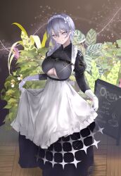 Rule 34 | 1girl, apron, azur lane, bellona (armed to clean) (azur lane), bellona (azur lane), bii bii (bronzeii002), black dress, breasts, chest belt, clothes lift, clothing cutout, collared dress, commentary, dress, dress lift, full body, gloves, grey eyes, grey hair, hair between eyes, half gloves, highres, juliet sleeves, large breasts, long sleeves, looking at viewer, maid, maid apron, maid headdress, menu board, official alternate costume, parted lips, puffy sleeves, shadow, short hair, sidelocks, smile, solo, standing, underboob, underboob cutout, underbust, white gloves, wooden floor