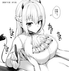 Rule 34 | 1boy, 1girl, ascot, blush, breasts squeezed together, breasts, choker, dated, demon tail, hakase fuyuki, horns, large breasts, long hair, monochrome, nijisanji, noumu (pixiv), paizuri, paizuri under clothes, pen, sound effects, tail, thought bubble, translation request, virtual youtuber