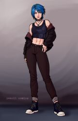 1girl absurdres aqua_(kingdom_hearts) blue_eyes blue_hair choker converse fashion hand_on_own_hip highres jacket jewelry kingdom_hearts midriff nail_polish necklace non-web_source open_clothes open_jacket pencil_comics self-upload tank_top