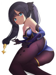 Rule 34 | 1girl, absurdres, ass, bare shoulders, black gloves, black hair, black pantyhose, blue eyes, blue sleeves, breasts, cleavage, detached sleeves, from behind, genshin impact, gloves, highres, leotard, long hair, looking at viewer, looking back, lying, mona (genshin impact), on side, pantyhose, simple background, solo, strapless, strapless leotard, thighlet, thighs, twintails, white background, zangi (lkt2012)