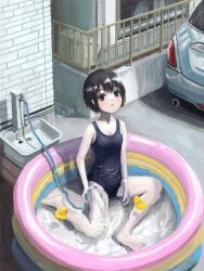 Rule 34 | 1girl, absurdres, black eyes, black hair, building, car, commentary request, day, highres, hose, looking at viewer, motor vehicle, okura lino, one-piece swimsuit, original, outdoors, rubber duck, scenery, short hair, solo, swimsuit, urban, wading pool