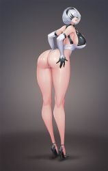 Rule 34 | 1girl, 2b (nier:automata), absurdres, ass, backless leotard, bare legs, blindfold, breasts, dark night (darkotl), elbow gloves, facing away, full body, gloves, hairband, hand on own ass, high heels, highres, large breasts, leotard, long legs, looking at viewer, looking back, nier:automata, nier (series), open mouth, parted lips, short hair, sideboob, solo, thighs, white hair