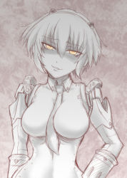Rule 34 | 1girl, aegis (persona), android, between breasts, breasts, dark persona, evil grin, evil smile, grin, joints, looking at viewer, monochrome, necktie, necktie between breasts, persona, persona 3, persona 4: the ultimate in mayonaka arena, robot joints, segami daisuke, shaded face, short hair, smile, smirk, smug, solo, spot color, yellow eyes