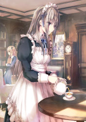 Rule 34 | 2girls, apron, armchair, black bow, black dress, blonde hair, blue dress, blue ribbon, book, bow, brown hair, chair, clock, closed mouth, commentary request, cup, dress, grandfather clock, hair bow, highres, holding, holding book, holding teapot, indoors, juliet sleeves, long hair, long sleeves, looking away, looking down, maid, maid apron, maid headdress, missile228, multiple girls, neck ribbon, original, painting (object), picture frame, pouring, puffy sleeves, red eyes, ribbon, roman numeral, saucer, smile, solo focus, table, tea, teacup, teapot, very long hair, white apron