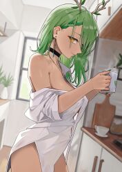 Rule 34 | 1girl, antlers, archinoer, braid, braided bangs, branch, breasts, ceres fauna, green hair, green nails, highres, hololive, hololive english, horns, large breasts, long hair, looking at viewer, mole, mole under eye, naked shirt, shirt, smile, solo, virtual youtuber, yellow eyes