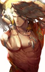 Rule 34 | 1boy, abs, animal, animal on shoulder, arm tattoo, bara, bird, bracelet, closed mouth, eagle, earrings, facial hair, feather necklace, feathers, highres, jewelry, large pectorals, muscular, muscular male, navel, necklace, nipples, original, pectorals, ring, stomach tattoo, stubble, tattoo, ueno kishi, yellow eyes