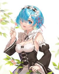 Rule 34 | 1girl, artist name, blue eyes, blue hair, breasts, cleavage, commentary, detached sleeves, english commentary, flower, hair ornament, hair over one eye, hair ribbon, hand up, holding, holding flower, hollyyn, long sleeves, looking at viewer, maid, maid headdress, medium breasts, open mouth, re:zero kara hajimeru isekai seikatsu, rem (re:zero), ribbon, roswaal mansion maid uniform, short hair, simple background, smile, solo, upper body, white background, wide sleeves, x hair ornament