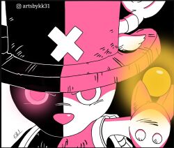 Rule 34 | 1boy, animal ears, antlers, antlers through headwear, artist name, artsbykk, ball, commentary, deer ears, english commentary, hat, highres, holding, holding ball, hooves, horns, instagram logo, instagram username, limited palette, looking at viewer, male focus, one piece, pink hat, reindeer antlers, signature, solo, spot color, tony tony chopper