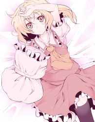 Rule 34 | 1girl, arms up, black thighhighs, blouse, collared shirt, female focus, flandre scarlet, hair between eyes, lying, hugging object, pillow, pillow hug, rondo umigame, shirt, solo, thighhighs, touhou, white shirt