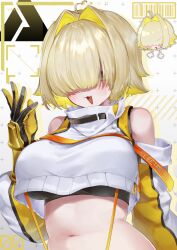 Rule 34 | 1girl, :3, :d, absurdres, ahoge, bare shoulders, black gloves, black sports bra, blonde hair, breasts, chibi, chibi inset, clothing cutout, commentary request, crop top, crop top overhang, cropped sweater, elegg (nikke), eyes visible through hair, fang, gauntlets, gloves, goddess of victory: nikke, hair intakes, hair over eyes, hand up, highres, large breasts, looking at viewer, midriff, multicolored clothes, multicolored gloves, multicolored hair, navel, open mouth, partial commentary, se se (sese 9), short hair, shorts, shoulder cutout, sidelocks, smile, sports bra, standing, suspender shorts, suspenders, sweater, two-tone hair, upper body, white sweater, yellow gloves