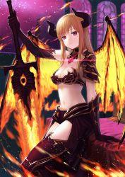 Rule 34 | 1girl, arm support, armor, black gloves, black skirt, black thighhighs, breasts, cleavage, closed mouth, commentary request, demon girl, demon horns, demon wings, detached collar, elbow gloves, fiery wings, fingernails, gem, gloves, holding, holding sword, holding weapon, horns, huge weapon, light brown hair, long fingernails, long hair, looking at viewer, medium breasts, original, pauldrons, purple eyes, purple sky, shoulder armor, single pauldron, sitting, skirt, sky, solo, sword, thighhighs, wasabi60, weapon, window, wings