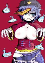 Rule 34 | 1girl, blue eyes, blue hair, breasts, breasts out, cleavage, fangs, hat, huge breasts, jiangshi, large breasts, matching hair/eyes, miyako yoshika, nipples, ofuda, open mouth, outstretched arms, pale skin, panties, purple panties, redrose214, skirt, solo, star (symbol), touhou, underwear, zombie pose