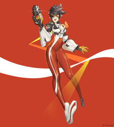 Rule 34 | 1girl, alternate color, artist name, bodysuit, bomber jacket, bottle, breasts, brown eyes, brown hair, brown jacket, chest harness, coca-cola, coke bottle, commentary, emblem, finger on trigger, full body, gloves, goggles, gun, hand up, handgun, harness, highres, hinew kim, holding, holding gun, holding weapon, jacket, leather, leather jacket, logo, matching hair/eyes, open mouth, overwatch, overwatch 1, pistol, red background, red bodysuit, shoes, short hair, short sleeves, simple background, skin tight, sleeves rolled up, smile, solo, spiked hair, standing, strap, swept bangs, teeth, thighs, tracer (overwatch), vambraces, weapon, white footwear, yellow gloves