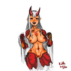 Rule 34 | 1girl, breasts, cyborg, day of wrath, day of wrath (doom fanfic), demon girl, demon horns, doom (series), evil, evil eyes, evil smile, highres, horns, infinitypilot, kuddly kraken, large breasts, long hair, looking at viewer, mechanical parts, muscular, muscular female, navel, nipples, no pants, non-web source, nude, pussy, red eyes, seductive smile, signature, simple background, smile, solo, tongue, tongue out, white background, white hair, zoe thompson