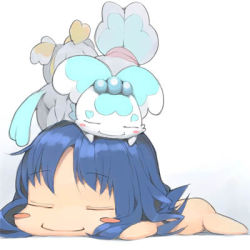 Rule 34 | 10s, 1girl, akinbo (hyouka fuyou), animal, animal on head, blue hair, blush stickers, chibi, chypre (heartcatch precure!), closed eyes, coffret (heartcatch precure!), completely nude, creature, heartcatch precure!, kurumi erika, long hair, lowres, lying, nude, on floor, on head, on stomach, precure, simple background, sleeping, white background