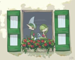 Rule 34 | 1boy, 1girl, ^ ^, artist name, blue hair, bob cut, closed eyes, closed mouth, creatures (company), day, flower, gallade, game freak, gardevoir, gen 3 pokemon, gen 4 pokemon, green hair, hair over one eye, happy, hinata kanata, holding, holding watering can, looking at another, mohawk, multicolored hair, nintendo, one eye covered, outdoors, pokemon, pokemon (creature), red eyes, red flower, red rose, rose, short hair, signature, sketch, smile, two-tone hair, upper body, watering, watering can, window