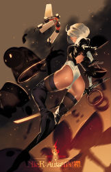 Rule 34 | 1girl, ass, back cutout, battle, black blindfold, black gloves, black hairband, blindfold, boots, breasts, clothing cutout, covered eyes, drone, explosion, feather-trimmed sleeves, gloves, grey hair, hairband, high heel boots, high heels, highleg, highleg leotard, highres, juliet sleeves, katana, leather, leather boots, leotard, long sleeves, medium breasts, metalhanzo, mole, mole under mouth, nier (series), nier:automata, pink lips, pod (nier:automata), puffy sleeves, revision, robot, short hair, solo focus, sword, thigh boots, thighhighs, thighhighs under boots, thong leotard, vambraces, virtuous contract, weapon, white leotard, 2b (nier:automata)