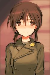 Rule 34 | 1girl, aged up, alternate universe, arms at sides, brown eyes, brown hair, commentary, gertrud barkhorn, jacket, long hair, military, military jacket, military uniform, sad, shimada fumikane, solo, strike witches, tears, twintails, uniform, upper body, world witches series