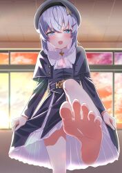 Rule 34 | 1girl, absurdres, barefoot, beret, blue eyes, blush, feet, godai 01, hat, heart, heart-shaped pupils, highres, indie virtual youtuber, kanzarin (vtuber), long hair, looking at viewer, open mouth, soles, symbol-shaped pupils, toes, virtual youtuber