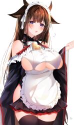 Rule 34 | 1girl, absurdres, alternate costume, animal ears, apron, azur lane, bare shoulders, bell, black thighhighs, blush, breasts, brown hair, cleavage cutout, clothing cutout, commentary request, cow ears, cow girl, cow horns, cowbell, cowboy shot, highres, horns, huge breasts, kashino (azur lane), kashino (maid for mayhem) (azur lane), long hair, long sleeves, maid, maid apron, maid headdress, official alternate costume, open mouth, purple eyes, simple background, solo, suimo (suimodayo), thighhighs, underboob cutout, white apron, white background, wide sleeves