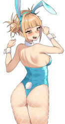 Rule 34 | 1girl, absurdres, animal ears, ass, bags under eyes, bare shoulders, blonde hair, blush, boku no hero academia, breasts, double bun, fishnets, hair bun, highres, large breasts, looking at viewer, looking back, messy hair, open mouth, rabbit ears, rabbit tail, sideboob, simple background, sleeveless, solo, tail, tight clothes, toga himiko, white background, yellow eyes, zd (pixiv6210083)
