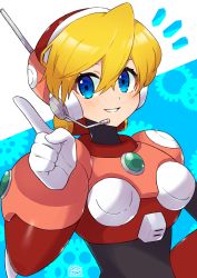 Rule 34 | 1girl, :d, alia (mega man), android, armor, blonde hair, blue eyes, commentary, dated, eyelashes, gears, hair between eyes, headset, highres, index finger raised, looking at viewer, mega man (series), mega man x (series), open mouth, pink armor, robot, robot ears, signature, smile, solo, teeth, tobitori, two-tone background, upper teeth only