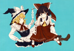 Rule 34 | 2girls, apron, ascot, black eyes, black hair, blonde hair, blue background, boots, capelet, cross-laced footwear, detached sleeves, full body, gohei, hair ribbon, hair tubes, hakurei reimu, hat, hat ribbon, highres, japanese clothes, kirisame marisa, lace-up boots, long sleeves, looking at viewer, mary janes, miko, multiple girls, non-web source, ribbon, scan, scan artifacts, shirt, shoes, short hair, simple background, sitting, skirt, skirt set, socks, touhou, vest, waist apron, white legwear, wide sleeves, witch hat, yuzuhara moke