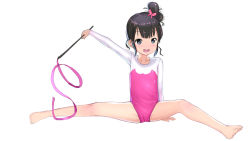 Rule 34 | 1girl, :d, arm support, athletic leotard, bare legs, barefoot, black hair, blue eyes, butterfly hair ornament, child, collarbone, commentary request, full body, hair ornament, holding, leotard, liclac, multicolored leotard, one side up, open mouth, original, pink leotard, sidelocks, simple background, sitting, smile, solo, white background, white leotard