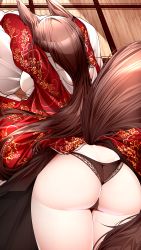 Rule 34 | 1girl, absurdres, akagi (azur lane), akagi (dawn phoenix&#039;s summons) (azur lane), animal ears, ass, azur lane, backboob, breasts, brown panties, brown tail, butt crack, from above, from behind, highres, indoors, japanese clothes, kimono, large breasts, long hair, panties, red kimono, samip, thighs, underwear, very long hair