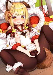Rule 34 | 1girl, animal ear fluff, animal ears, blush, braid, breasts, brown pantyhose, cameltoe, cleft of venus, commentary request, detached sleeves, dog ears, dog girl, dog tail, dress, erune, granblue fantasy, hair ornament, heart, heart hands, highres, long sleeves, looking at viewer, lying, md5 mismatch, muku (muku-coffee), nervous smile, nipples, no shoes, on back, open mouth, pantyhose, pussy juice, resolution mismatch, single braid, sleeveless, sleeveless dress, small breasts, smile, soles, solo, spread legs, tail, vajra (granblue fantasy), white dress, wide sleeves, wooden floor