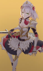 Rule 34 | 1girl, absurdres, apron, armor, armored boots, armored dress, ascot, black dress, blunt bangs, blush, boots, breastplate, closed mouth, commentary request, dress, favonius greatsword (genshin impact), feet out of frame, flower, frilled dress, frills, gauntlets, genshin impact, greaves, green eyes, grey hair, hair flower, hair ornament, highres, holding, holding sword, holding weapon, leg armor, legs apart, long sleeves, looking at viewer, maid apron, maid headdress, medium hair, noelle (genshin impact), parted bangs, pauldrons, plate armor, red ascot, red flower, red rose, rose, serious, shoulder armor, sidelocks, single pauldron, solo, staring, sword, torn clothes, torn dress, tu shan, weapon, white apron, yellow background