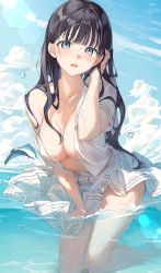 Rule 34 | 1girl, black hair, blue eyes, breasts, cleavage, hand on own thigh, highres, in water, kinako (shiratama mochi), large breasts, leaning forward, looking at viewer, original, outdoors, shirt, shirt slip, skirt, skirt hold, solo, thighs, water, wet, wet clothes, wet shirt, wet skirt