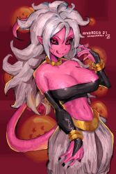 Rule 34 | 1girl, android 21, baggy pants, black nails, black sclera, black tube top, bracelet, breasts, choker, colored sclera, colored skin, dragon ball, dragon ball (object), dragon ball fighterz, highres, jewelry, large breasts, long hair, majin android 21, pants, pink skin, pointy ears, saiykik, solo, strapless, tail, tongue, tongue out, tube top, white hair, yellow choker