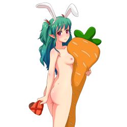 Rule 34 | 1girl, animal ears, aqua hair, ass, blush, body pillow, box, breasts, bunny girl, candy, carrot, carrot-shaped pillow, chocolate, chocolate heart, closed mouth, collarbone, commentary, eating, elf, english commentary, fake animal ears, female focus, food, hairband, heart, highres, holding, holding chocolate, holding food, huyase, long hair, looking at viewer, looking back, medium breasts, neck, nipples, nude, pillow, pink eyes, pointy ears, rabbit ears, serious, shiny skin, simple background, solo, standing, two side up, valentine, white background, white bunny ears