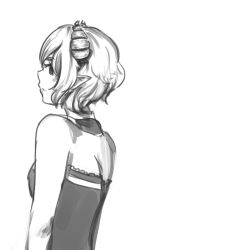 Rule 34 | 1girl, anonymous drawfag, bare shoulders, choker, demon girl, dress, fiend (juniper&#039;s knot), from behind, greyscale, highres, horns, juniper&#039;s knot, looking at viewer, looking back, monochrome, pointy ears, short hair, solo, strapless, strapless dress