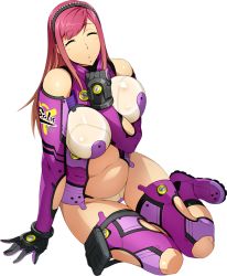 Rule 34 | 1girl, arm between breasts, between breasts, bodysuit, boots, breasts, closed eyes, doerthe driessen, full body, gloves, hairband, large breasts, long hair, navel, official art, parted lips, purple thighhighs, sitting, solo, super robot wars, super robot wars x-omega, thigh boots, thighhighs, transparent background, watanabe wataru (character designer), yokozuwari