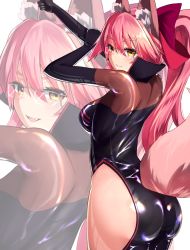 Rule 34 | 1girl, animal ears, ass, blush, bow, breasts, choker, clothing cutout, commentary request, cowboy shot, eyewear strap, fate/grand order, fate (series), fox ears, fox tail, glasses, hair bow, highres, koyanskaya (assassin) (first ascension) (fate), koyanskaya (fate), large breasts, latex, long hair, looking at viewer, looking back, nanasumi (pantie party project), open mouth, pink hair, sidelocks, simple background, skin tight, solo, standing, tail, tail through clothes, tamamo (fate), thick eyebrows, thighs, very long hair, white background, yellow eyes, zoom layer