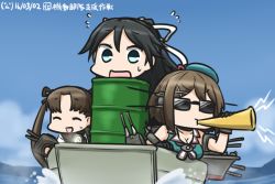 Rule 34 | 3girls, :d, ayanami (kancolle), beret, black hair, blue eyes, blue sky, boat, brown hair, cannon, commentary request, dated, day, drum (container), closed eyes, flashlight, flying sweatdrops, hair ornament, hair ribbon, hairclip, hamu koutarou, hat, headgear, in container, kantai collection, katsuragi (kancolle), long hair, maya (kancolle), multiple girls, ocean, open mouth, ponytail, remodel (kantai collection), ribbon, side ponytail, sky, smile, sunglasses, sweat, watercraft, white ribbon