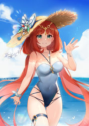 Rule 34 | 1girl, aqua eyes, artist name, bare arms, bare shoulders, between breasts, blue one-piece swimsuit, blue sky, bow, breasts, circlet, cloud, commentary request, covered navel, cowboy shot, cross-laced clothes, dated, genshin impact, grin, hand up, hat, hat bow, highleg, highleg swimsuit, highres, long hair, looking at viewer, lxy122, medium breasts, nilou (genshin impact), ocean, one-piece swimsuit, red hair, skindentation, sky, smile, solo, straw hat, sun hat, swimsuit, thigh strap, thighs, twintails, waving