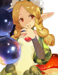 Rule 34 | 1girl, apple, apple core, blonde hair, braid, butterfly wings, fairy, flower, food, fruit, grapes, hair flower, hair ornament, insect wings, kawaguchi (mojacome), long hair, mercedes (odin sphere), mojacome, odin sphere, pointy ears, puff and slash sleeves, puffy sleeves, red eyes, solo, twin braids, wings
