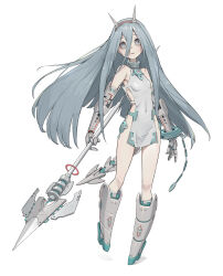 Rule 34 | absurdres, breasts, commentary request, cuffs, expressionless, fake horns, full body, grey eyes, grey hair, hair between eyes, hano 1219, headband, highres, holding, holding polearm, holding weapon, horns, long hair, looking at viewer, machinery, mecha musume, mechanical arms, mechanical tail, original, parted lips, polearm, shackles, simple background, small breasts, spear, straight hair, tail, weapon, white background