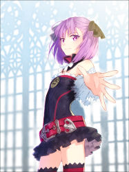Rule 34 | 1girl, bare shoulders, belt, black thighhighs, detached sleeves, fate/grand order, fate (series), flat chest, hakusai (tiahszld), hat, helena blavatsky (fate), looking at viewer, purple eyes, purple hair, short hair, smile, solo, strapless, thighhighs, sefirot