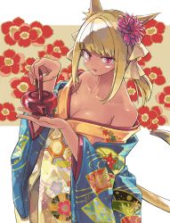 Rule 34 | 1girl, animal ears, bare shoulders, blonde hair, breasts, cat ears, cat tail, cleavage, collarbone, facial mark, final fantasy, final fantasy xiv, flower, hair flower, hair ornament, highres, hiyo moo, japanese clothes, large breasts, looking at viewer, miqo&#039;te, off shoulder, open mouth, red eyes, short hair, slit pupils, solo, tail, teapot
