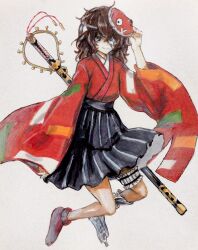 Rule 34 | 1other, ametsukana yago, androgynous, bandage over one eye, black hakama, brown eyes, brown hair, closed mouth, colored pencil (medium), commentary request, crossed bangs, hakama, hakama skirt, hand on mask, hemo (hemoroda), highres, hyottoko mask, japanese clothes, kimono, len&#039;en, long sleeves, mask, mask on head, medium hair, other focus, red kimono, simple background, skirt, smile, solo, traditional media, wavy hair, white background, wide sleeves