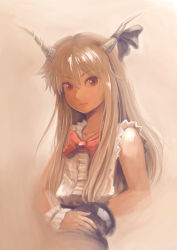 Rule 34 | 1girl, amibazh, bare shoulders, black ribbon, bow, bowtie, center frills, closed mouth, expressionless, eyebrows, frilled shirt, frills, hair ribbon, ibuki suika, lips, long hair, looking at viewer, orange background, red bow, red bowtie, red eyes, ribbon, shirt, simple background, sleeveless, sleeveless shirt, solo, straight hair, touhou, wrist cuffs