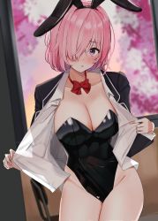Rule 34 | 1girl, :o, absurdres, animal ears, black leotard, blazer, blush, bow, bowtie, breasts, cherry blossoms, cleavage, collarbone, commission, cowboy shot, doorway, dutch angle, fake animal ears, fate/grand order, fate (series), hair over one eye, highleg, highleg leotard, highres, jacket, large breasts, leotard, looking at viewer, mash kyrielight, pink hair, playboy bunny, purple eyes, rabbit ears, shiny clothes, skeb commission, solo, uniform, v a i r