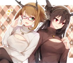 Rule 34 | 10s, 2girls, ;d, adjusting eyewear, bespectacled, black hair, breasts, brown hair, cleavage, cleavage cutout, clothing cutout, glasses, green eyes, hairband, hiiragi souren, jewelry, kantai collection, long hair, meme attire, multiple girls, mutsu (kancolle), nagato (kancolle), necklace, one eye closed, open-chest sweater, open mouth, red eyes, ribbed sweater, smile, sweater, turtleneck